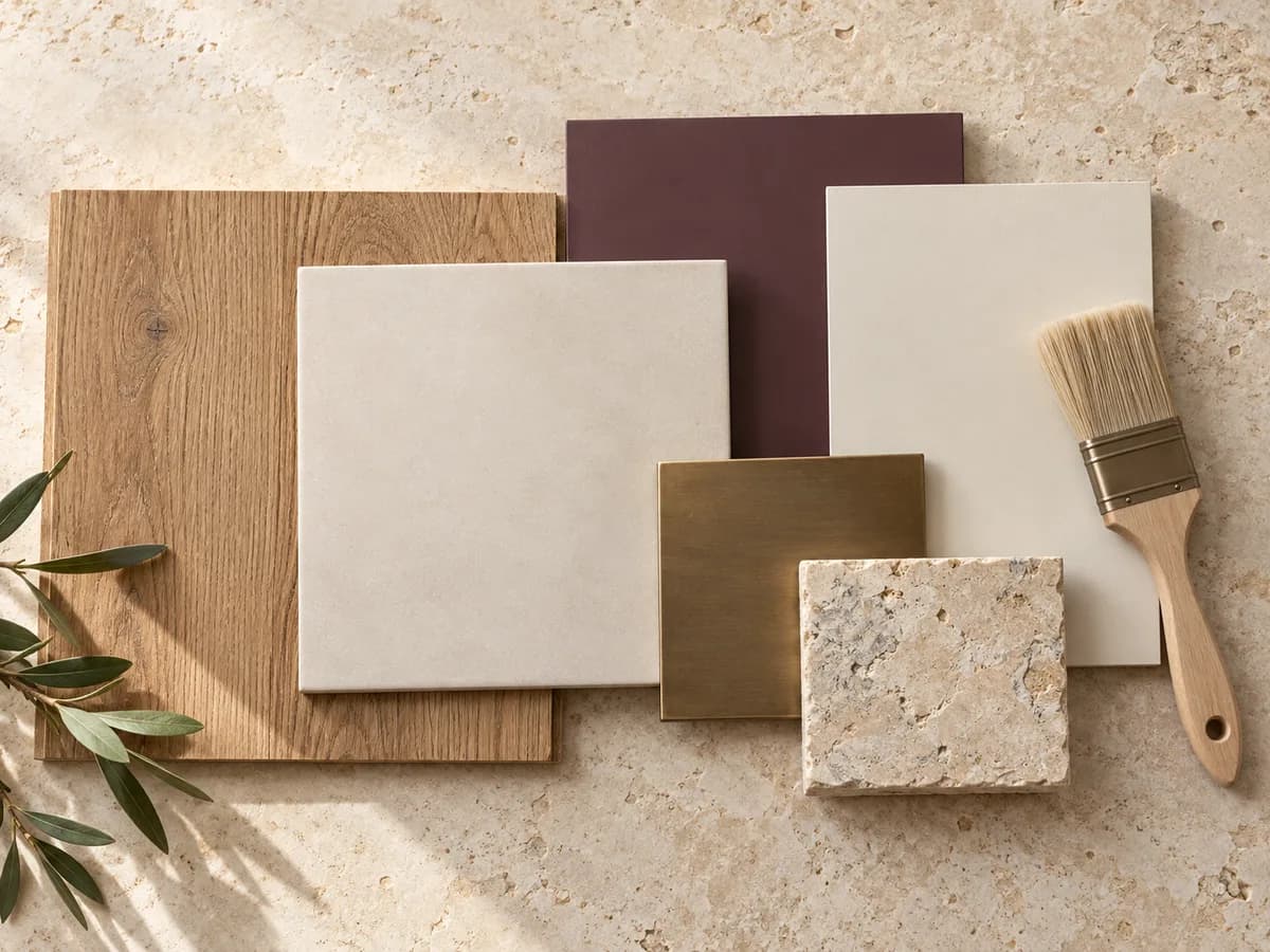 Échantillons de bois, de céramique et de finitions pour préparer le choix des matériaux